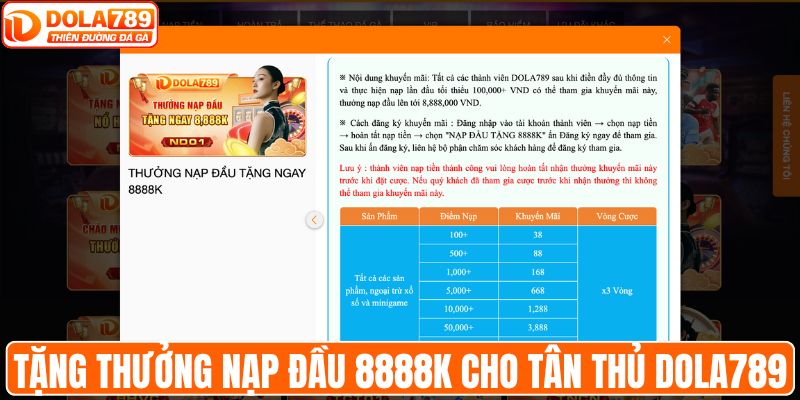 Tặng thưởng nạp đầu 8888k cho tân thủ DOLA789