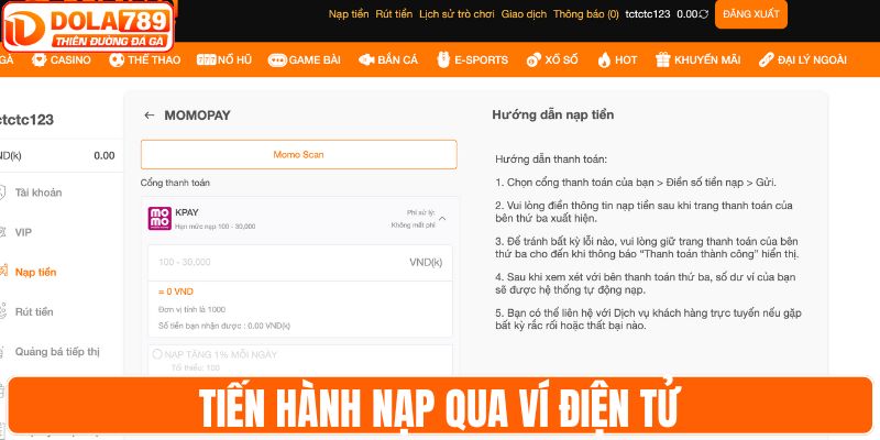 Tiến hành nạp qua ví điện tử
